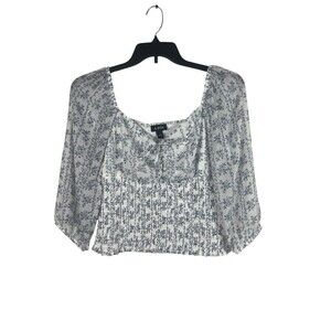A Byer Smocked Crop Top Womens L Milkmaid Coquette Blue White Sheer Sleeve Top